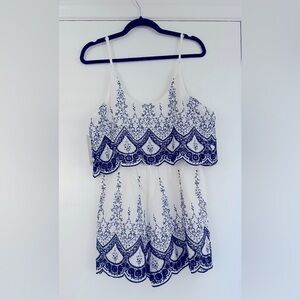 Tobi Sleeveless White Romper with Blue Embroidery